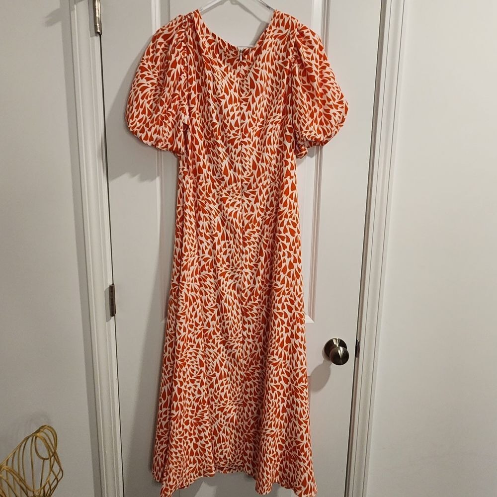 Lulus Orange White Heart Print Puff Sleeve V-Neck Midi Dress Size M Romantic - Picture 2 of 5